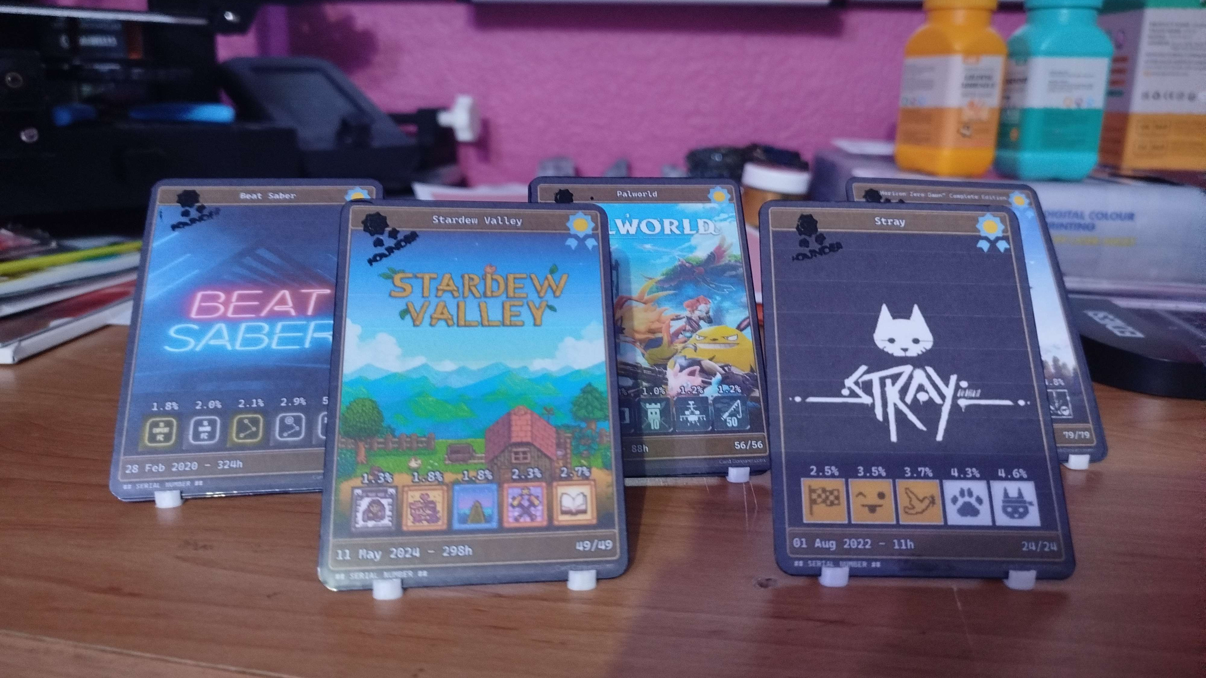 Four completion cards displayed on stands